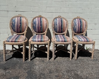 Set of 4 Vintage Dining Chairs Rope Twist Wood Faux Bois Style Miami Beach Hollywood Regency Seating Tropical Glam Hollywood Bohemian Boho