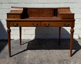 Antique Wood Desk Edwardian Style Tooled Leather Storage Home Office Writing Computer Table Vintage Traditional Furniture CUSTOM PAINT Avail