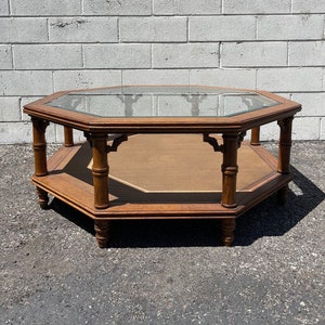Faux Bamboo Coffee Table Vintage Wood and Glass Fretwork Bohemian Boho Chic Chippendale Chinese Palm Beach Chinoiserie Custom Paint Avail