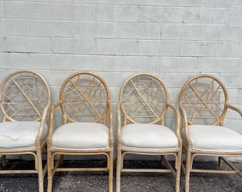 4 Rattan Chairs McGuire Style Cracked Ice Chinese Chippendale Bamboo Armchair Seating Coastal Chinoiserie Miami Boho CUSTOM PAINT Avail