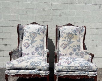 Pair of Wingback Armchairs Traditional Chairs Wood Fabric Seating Vintage Wing Back Fan Lounge Mid Century Modern English Set High Back