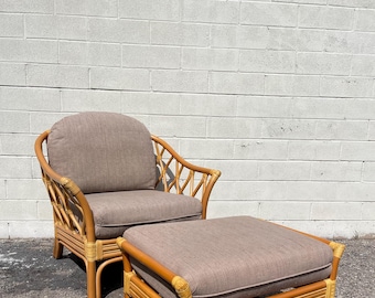 2PC Rattan Chair and Ottoman Lounge Armchair Ottoman Footrest Seating Bamboo Bohemian Boho Tropical Vintage Furniture Bentwood Frankl Style
