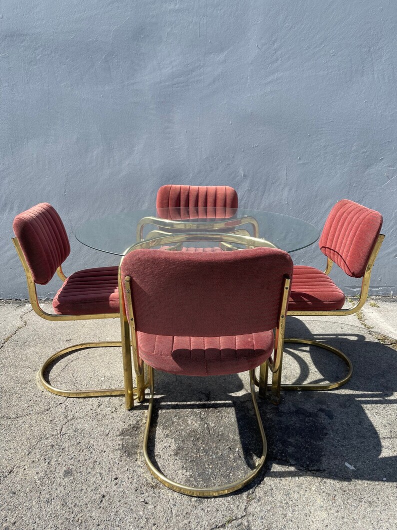 6pc Post Modern Dining Table & Chairs Set Gold Brass Style Cantilever Vintage Retro Kitchen ...