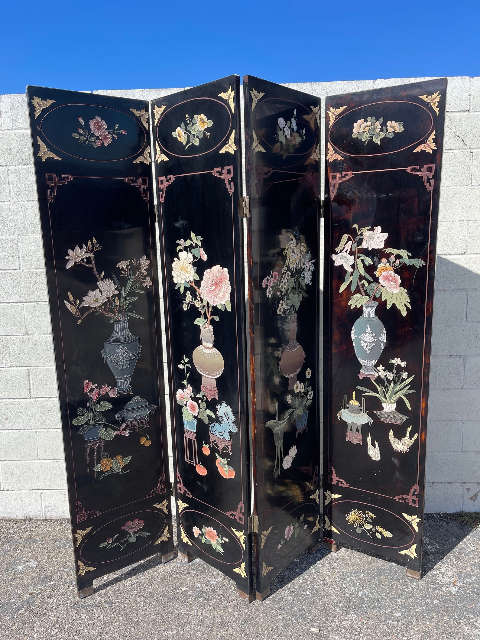 Antique Chinese 4 Panel Room Divider Privacy Screen Headboard