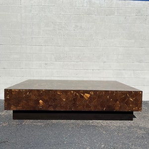 Mid Century Modern Coffee Table Coconut Burl Wood Finish Cubist MCM Brutalist Style Hollywood Regency Vintage Furniture Custom Designer