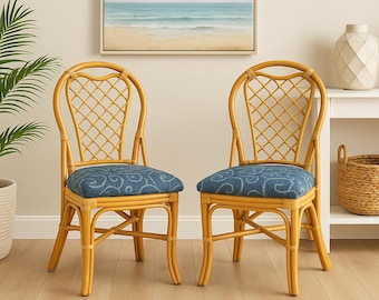 Pair of Rattan Chairs Woven Seat Bohemian Boho Chic Style Coastal Chinese Chippendale Chinoiserie Bamboo Miami Seating Desk Tropical Accent