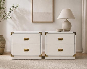 Pair Vintage Campaign Nightstands | Set of Bedside Tables - CUSTOM PAINT AVAILABLE