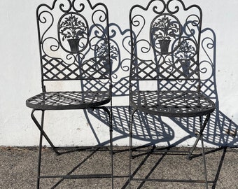 Gorgeous Pair of Vintage Metal Chairs Garden Bistro Set Patio Set Iron Folding Outdoor Balcony Furniture Shabby Chic Country French