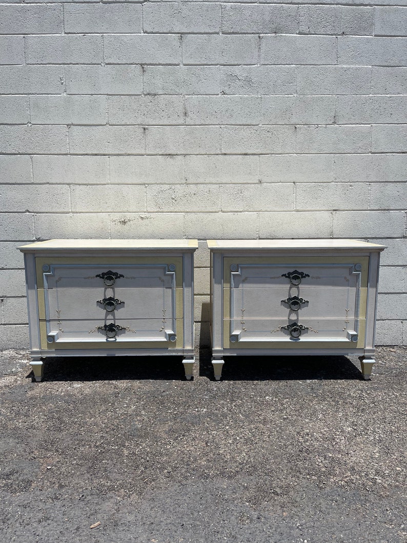 Pair of Louis XVI Nightstands John Widdicomb Set of Bedside Tables Set Wood Dresser Vintage Regency French Provincial CUSTOM PAINT Avail image 1