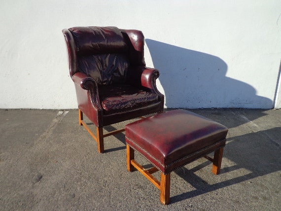 Handsome Tufted Leather Wingback Chair Armchair Matching Etsy