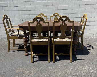 7pc Antique Dining Table Chairs Set Jacobean Chair Vintage Wood Kitchen Seating Furniture Armchair Arts Crafts Country  CUSTOM PAINT AVAIL