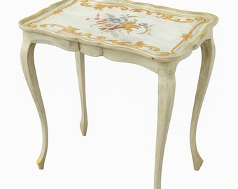 Antique Italian Hand-Painted Florentine Side Table – Venetian Accent Table with Floral Motif & Details, Distressed Patina