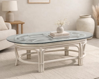 Vintage White Wicker/Rattan Oval Coffee Table with Glass Top