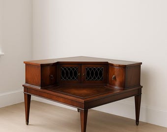 Vintage Corner Console Leather Top Table Lattice Doors Weiman Furniture Mahogany Walnut Inlay Federal Revival Style Antique CUSTOMIZABLE