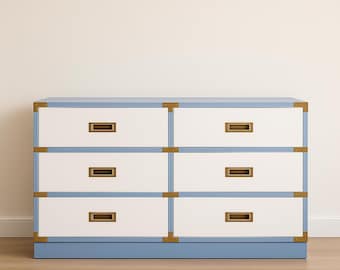 Vintage Campaign Dresser Brass 6 Drawer Chest Mid-Century Modern Coastal Minimalist Buffet Media Console Chest of Drawers CUSTOM PAINT Avail