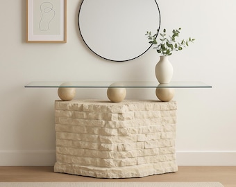 Vintage Post Modern Tessellated Mactan Stone Console Table Sofa Entry Way Maitland Smith Style Hollywood Regency Mid Century Modern Design
