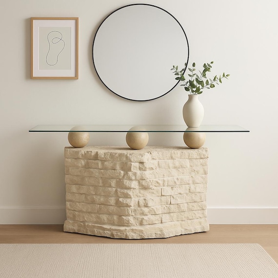 Vintage Mactan Stone Console Table: Post Modern Hollywood Regency