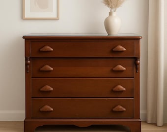 Vintage Cherry Wood Dresser with Carved Leaf Pulls and Glass Top | Custom PAINT AVAILABLE