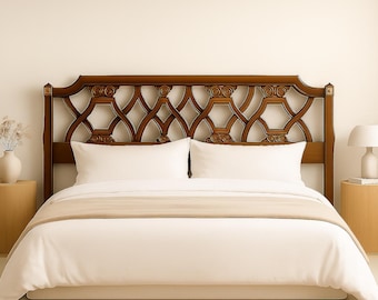 Vintage Mid-Century Carved Walnut King King Size Headboard – Hollywood Regency Lattice Design CUSTOM PAINT Available