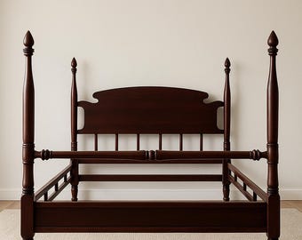 Antique Ariel Wood Bed Co. Four Poster Full Bed Frame Solid Mahogany Finish 1940s Colonial Revival Turned Posts Bedroom Furniture