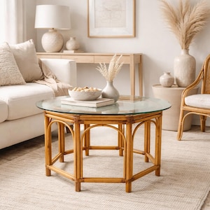 センターテーブル・ローテーブル Vintage Rattan and Glass Top Table Vintage Rattan and Glass Top Table Rattan Dining Set with Round