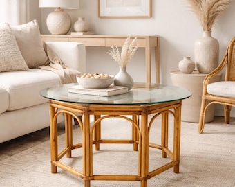 Vintage Rattan & Bamboo Coffee Table with Glass Top |  Boho Coastal Tropical Accent Table