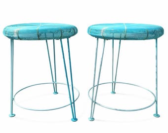 Bar Counter Stools Mid Century Blue Wire Danish Chairs Seating Modern Dining Chairs Midcentury Dining Steel Seats Metal Vintage Furniture