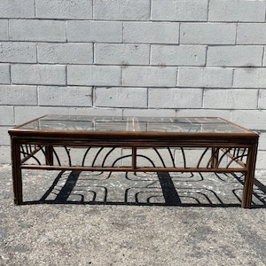 Rattan Coffee Table Cocktail Bohemian Boho Chic Accent Stand Chippendale Chinese Faux Bamboo Palm Beach Chinoiserie Hollywood Regency Beach