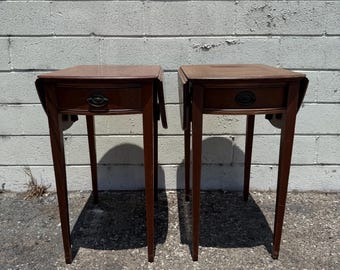 Pair Antique Wood Pembroke Tables Nightstands Set Bedside Drop Leaf Side Bedroom Storage Vintage Furniture Traditional CUSTOM PAINT Avail