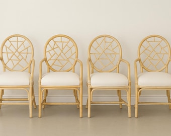 4 Vintage Rattan Chinoiserie Armchairs Cracked Ice McGuire Chairs Style Coastal Palm Beach Regency Chinese Chippendale CUSTOM PAINT Avail