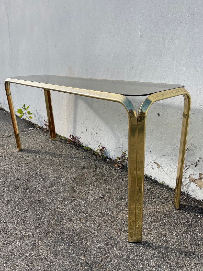 Vintage Gold Brass Finish Console Table Waterfall Design Bohemian Boho Chic Accent Stand Palm