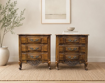 Pair of French Provincial Nightstands | 3 Drawer Bedside Tables - CUSTOM PAINT AVAILABLE
