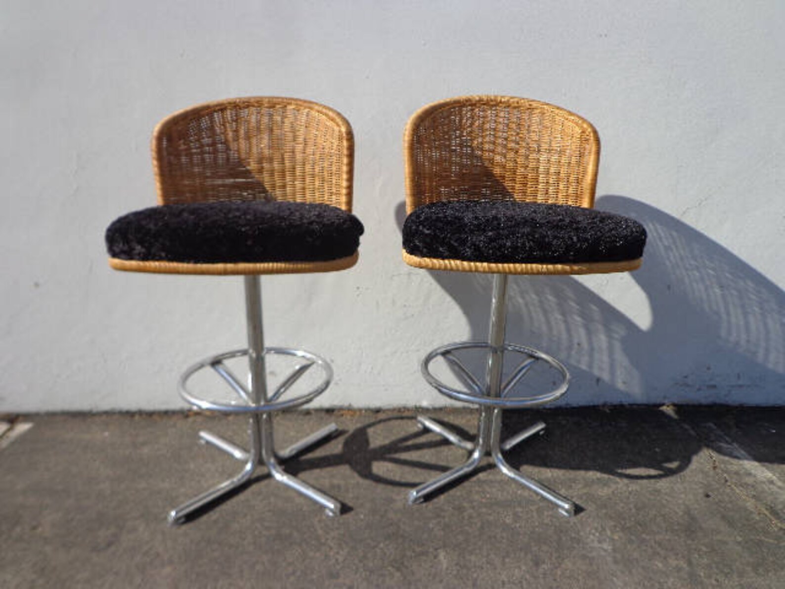 2 Bar Stools Swivel Wicker Chrome Bohemian Boho Chic Pair of Etsy