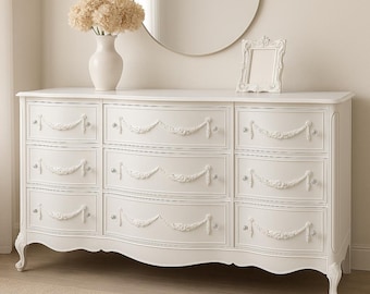 Custom Refinished French Provincial Dresser – 9 Drawer Vintage White Chest | Elegant Carved Dresser with Floral Appliqués & Curved Front