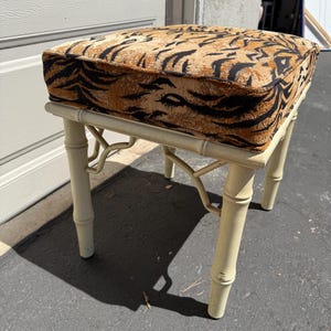 Vintage Faux Bamboo Vanity Stool with Tiger Print Cushion image 6