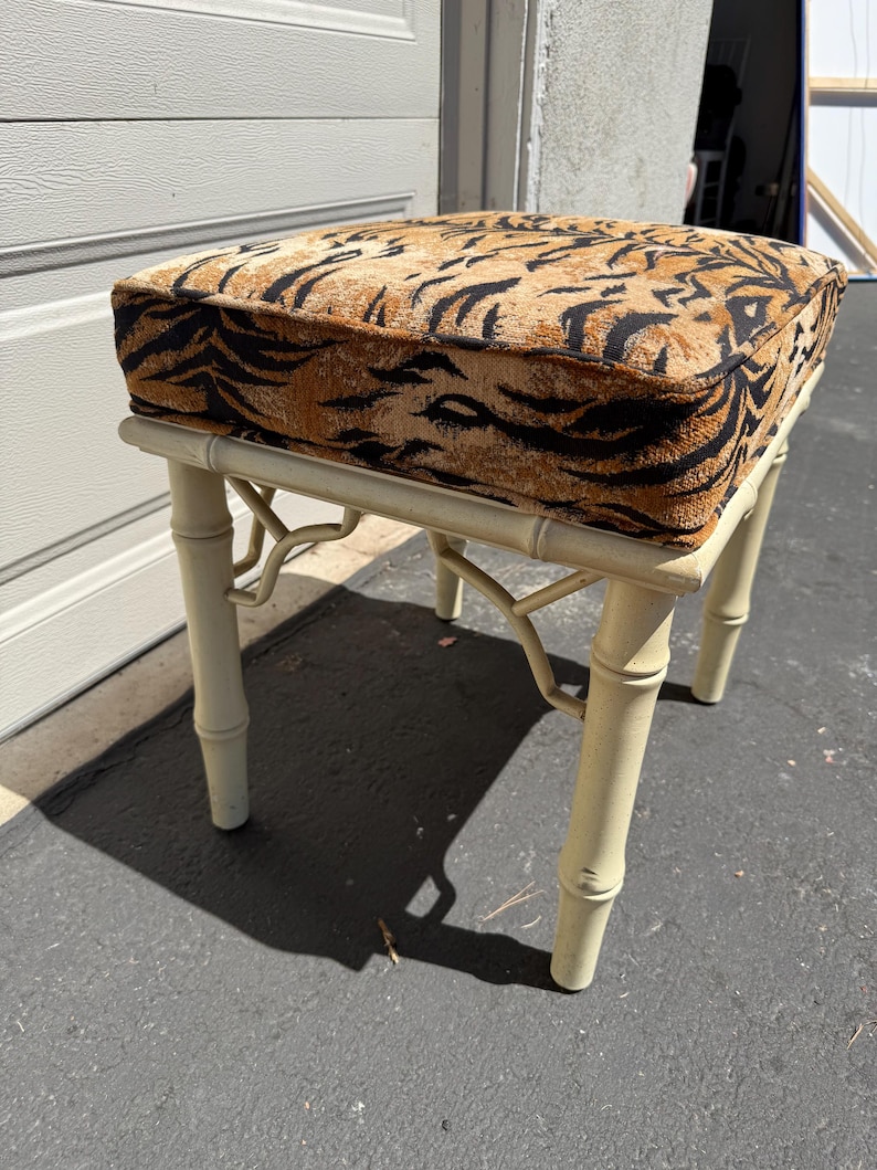 Vintage Faux Bamboo Vanity Stool with Tiger Print Cushion image 6