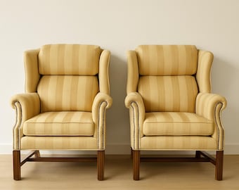 Pair of Armchairs Traditional Wingback Chairs Wood Fabric Seating Vintage Wing Back Fan Lounge Mid Century Modern English Set High Back