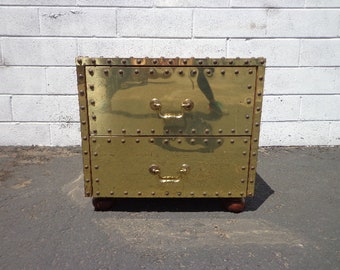 Sarried Chest Brass Gold Colored Trunk Storage Locker Regency Vintage Coffee Accent Table Storage Bench Hollywood Boho Glam Mid Century Mod