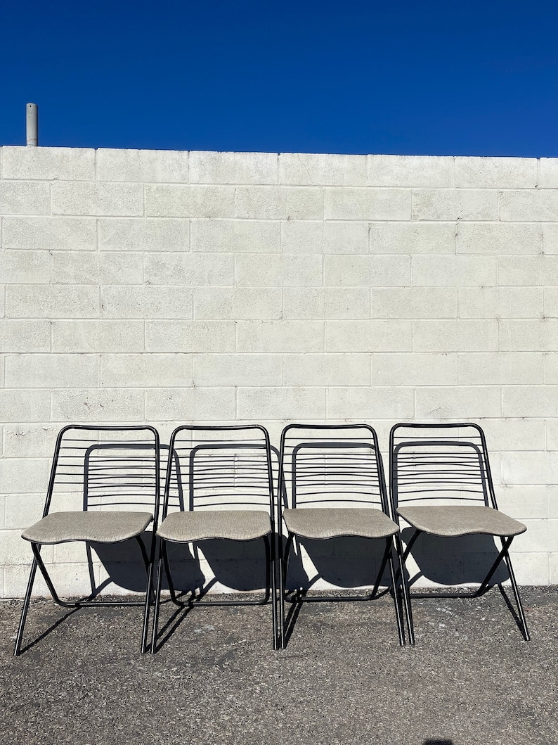 Set of 4 Folding Chairs Metal Vintage Antique Waiting Room Theater Stadium Seats Row Rustic Farmhouse Primitive Seating Chair Bench Country image 1