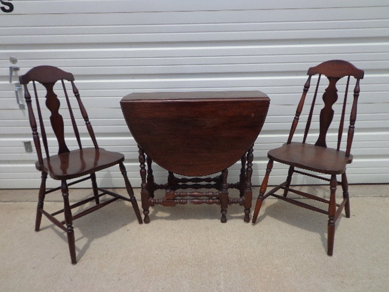 3pc Antique Dining Set Folding Wood Table 2 Chairs Drop Leaf Hideaway Seating Traditional Vintage Country Farmhouse Arts And Crafts