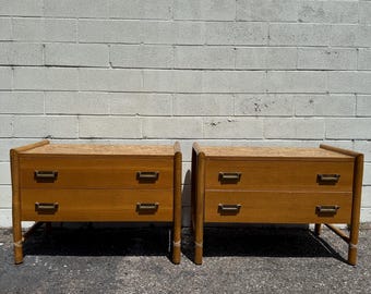 Pair of Vintage Nightstands by McGuire Oak Wood Rattan Bedside Tables Bamboo Bedroom Storage Bohemian Chic Campaign CUSTOM PAINT Avail