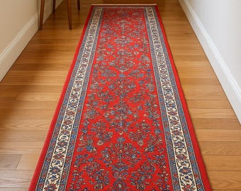 Vintage Persian Runner Rug Hand Knotted Wool Hallway Carpet Red Navy Oriental Runner Heriz Style Rug Bohemian Entryway Decor