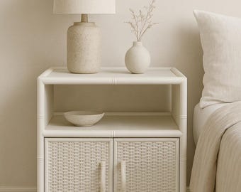 Vintage Faux Bamboo Wicker Nightstand – Side Table with Storage CUSTOM PAINT AVAILABLE