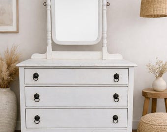 Vintage Painted Vanity Dresser with Mirror | Antique White Three-Drawer Chest | CUSTOM PAINT AVAILABLE