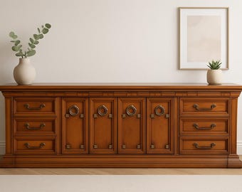 Vintage Mediterranean Nine-Drawer Credenza / Dresser – Solid Wood Long Lowboy Buffet with Ornate Brass Hardware CUSTOM PAINT AVAILABLE