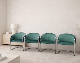 Set of 4 Postmodern Chrome Barrel Armchairs  - Vintage Cantilever Chairs