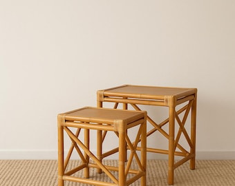 Set of Nesting Tables Bohemian Boho Chic Faux Bamboo Rattan Chinoiserie Accent Table Coffee Chinese Chippendale Asian Mid Century Beach
