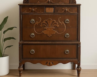 Vintage 1930s Art Deco Highboy Chest Waterfall Dresser Ornate Inlay Brass Hardware Tallboy Victorian Chest of Drawers CUSTOM PAINT AVAIL