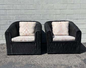 Pair of Black Wicker Armchairs Chairs Woven Bench Boho Chic Seating Coastal Cottage Vintage Seating Miami Glam Boho Chic Beach Bohemian