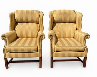 Pair of Armchairs Traditional Wingback Chairs Wood Fabric Seating Vintage Wing Back Fan Lounge Mid Century Modern English Set High Back